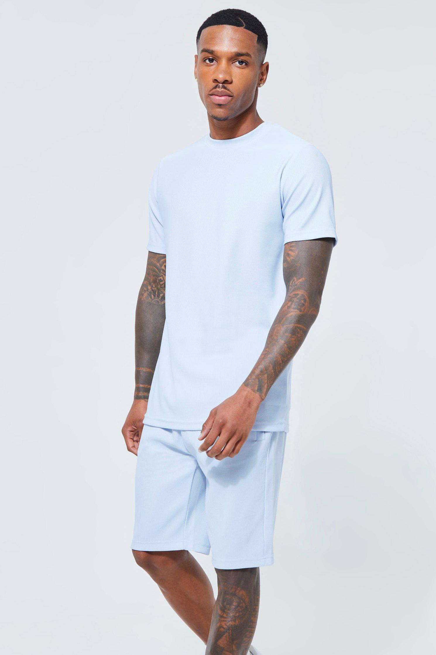 Mens Blue Slim Fit Rib T-shirt And Short Set, Blue